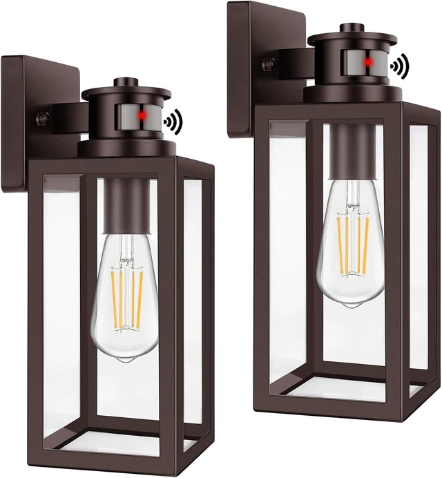 Main image of TOBUSA 2-Pack Motion Sensor Outdoor Wall Lights, Waterproof Dusk to Dawn Exterior Wall Light Fixtures, Modern Brown Outside Porch Lights for House Garage, Motion Sensor Wall Lanterns with Clear Glass