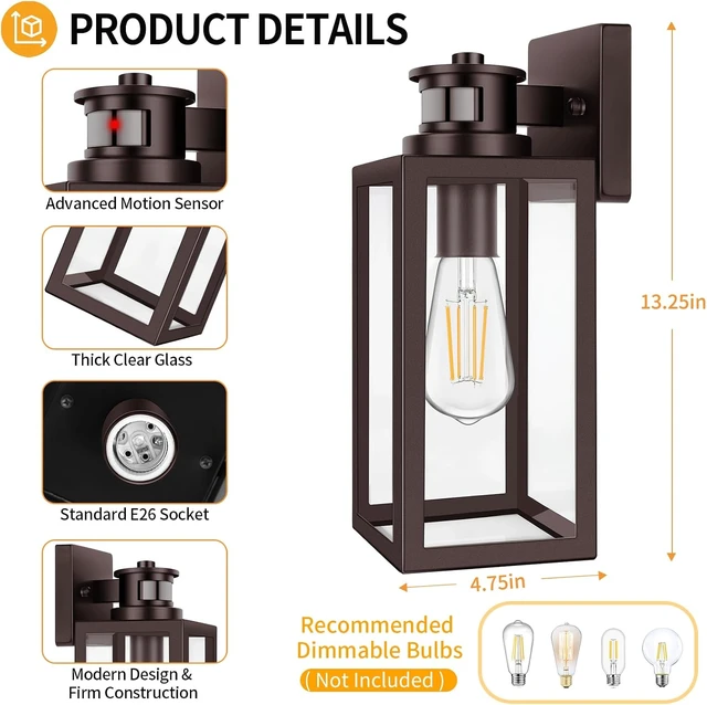 Alt view image 5 of 7 - TOBUSA 2-Pack Motion Sensor Outdoor Wall Lights, Waterproof Dusk to Dawn Exterior Wall Light Fixtures, Modern Brown Outside Porch Lights for House Garage, Motion Sensor Wall Lanterns with Clear Glass