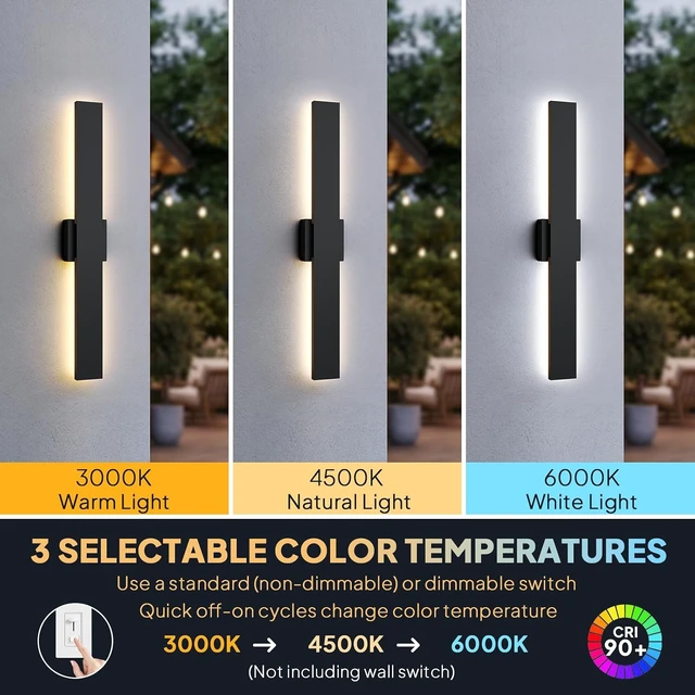 Alt view image 4 of 7 - 2 Pack LED Outdoor Wall Sconce Dimmable, 3000K 4500K 6000K, 31.5" Modern Black Long Linear Exterior Lighting Fixtures, IP65 Waterproof Outside Lights for Entrance, Hallway, Garage, Porch