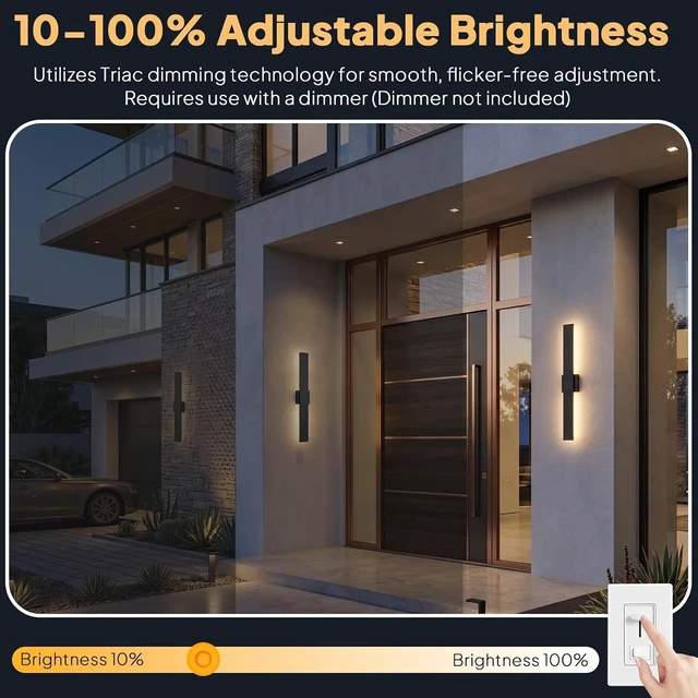 Alt view image 5 of 7 - 2 Pack LED Outdoor Wall Sconce Dimmable, 3000K 4500K 6000K, 31.5" Modern Black Long Linear Exterior Lighting Fixtures, IP65 Waterproof Outside Lights for Entrance, Hallway, Garage, Porch