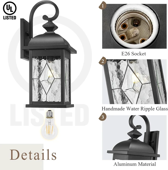 Alt view image 4 of 6 - Porch Lights Outdoor 21 Inch Large Outdoor Wall Lights with Clear Water Ripple Glass Aluminum Waterproof and E26 Socket