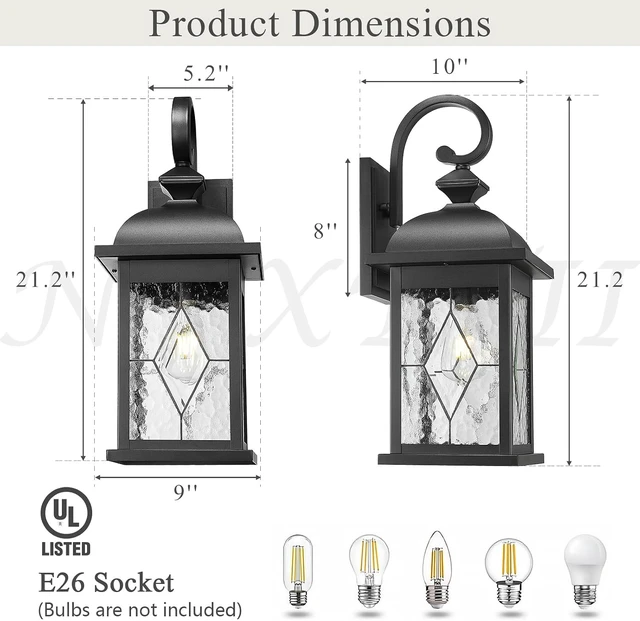 Alt view image 5 of 6 - Porch Lights Outdoor 21 Inch Large Outdoor Wall Lights with Clear Water Ripple Glass Aluminum Waterproof and E26 Socket