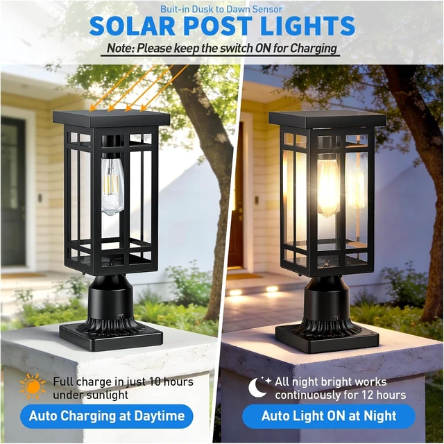 Alt view image 2 of 7 - 14'' Outdoor Solar Post Light, Dusk to Dawn Solar Lamp Post, Black, 1 Pack
