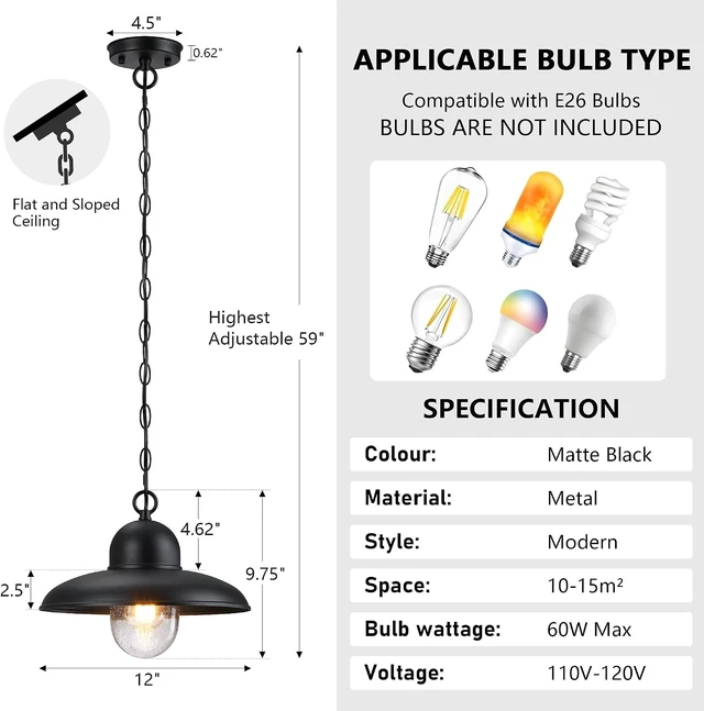 Alt view image 3 of 7 - 12 Inch Outdoor Pendant Light for Porch, Farmhouse Hanging Light