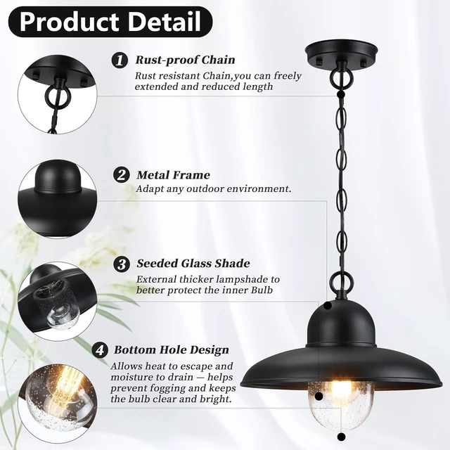 Alt view image 4 of 7 - 12 Inch Outdoor Pendant Light for Porch, Farmhouse Hanging Light