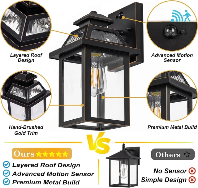 Alt view image 5 of 7 - BesLowe Outdoor Wall Light, Exterior Lighting Fixtures Black with Gold Trim