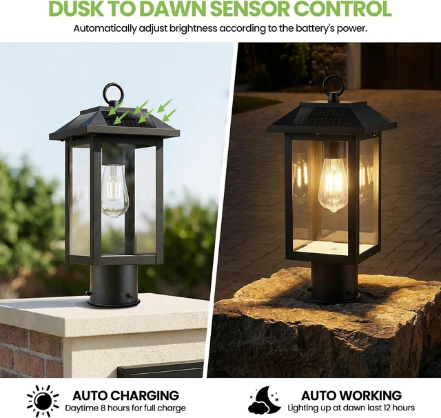 Alt view image 2 of 7 - Solar Post Lights 2 Packs,Dusk to Dawn Waterproof Outdoor Post Lamp Lantern