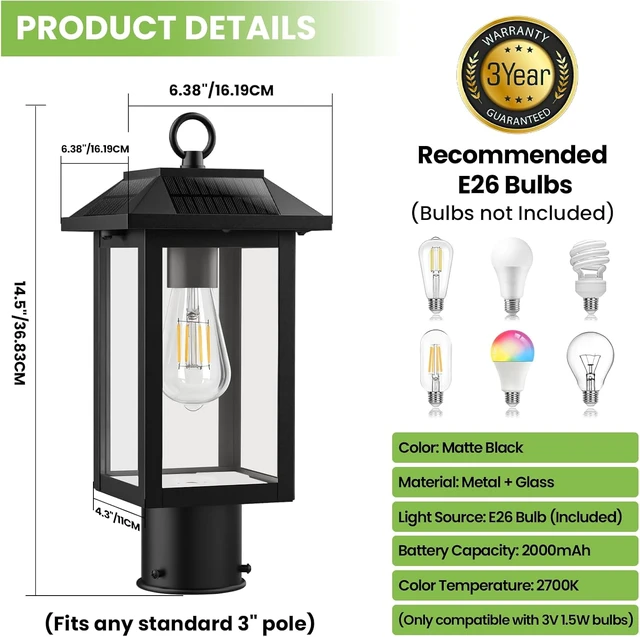 Alt view image 7 of 7 - Solar Post Lights 2 Packs,Dusk to Dawn Waterproof Outdoor Post Lamp Lantern