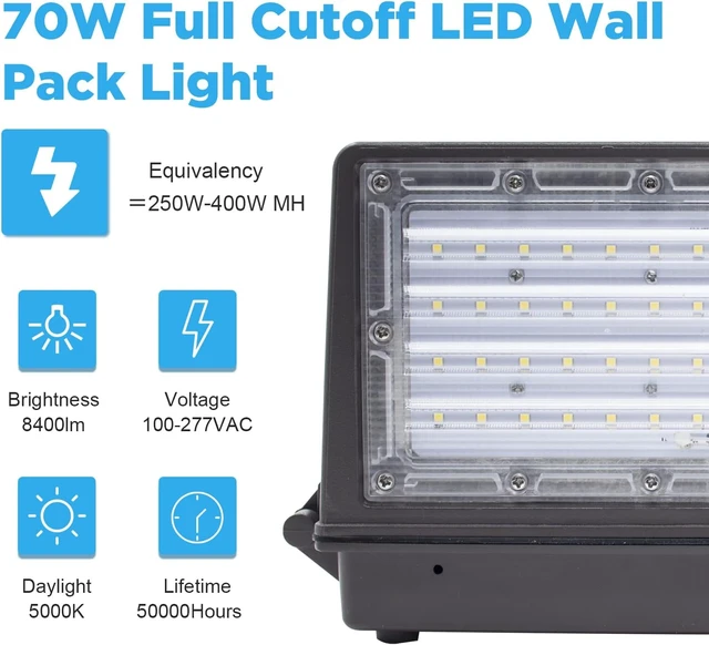Alt view image 2 of 7 - LED Full Cutoff Wall Pack, 70W(600W Eqv.) 8,400LM 5000K with Dusk to Dawn Photocell, 100-277Vac, LED Wall Pack for Outdoor Lighting (1 Pack) - ETL Listed