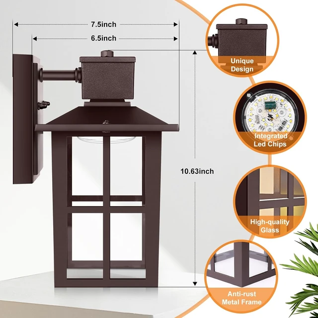 Alt view image 2 of 7 - Brightever Outdoor Wall Light Fixture, LED Exterior Wall Lantern Waterproof, 10W 800LM High Brightness, 3000K/4000K/6500K Selectable Brown Patio Wall Lights for House 1 Pack