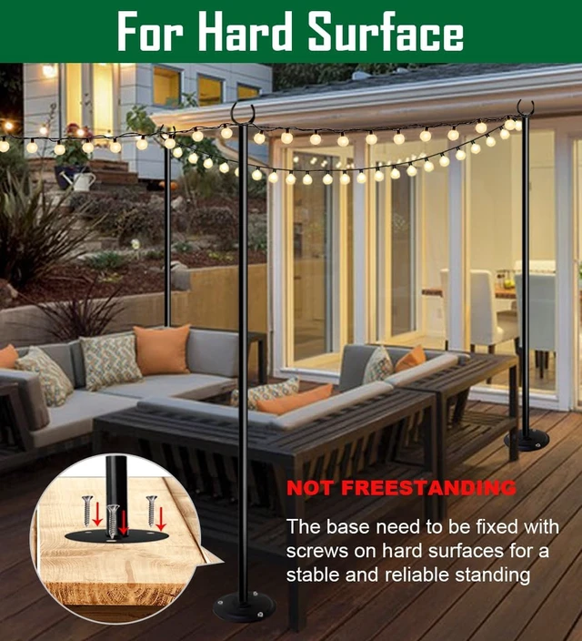 Alt view image 4 of 7 - 10ft String Light Pole for Hard Surfaces, Light Pole for Outdoor String Light, Perfect for Garden, Backyard, and Patio Lighting Stand for Parties, Wedding - Matte Black Finish - 1 Pack