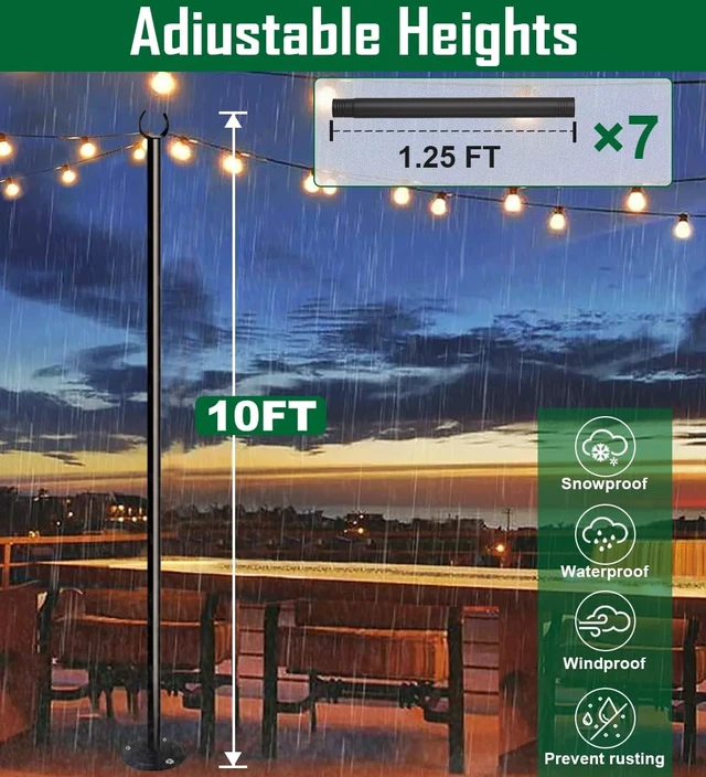 Alt view image 5 of 7 - 10ft String Light Pole for Hard Surfaces, Light Pole for Outdoor String Light, Perfect for Garden, Backyard, and Patio Lighting Stand for Parties, Wedding - Matte Black Finish - 1 Pack
