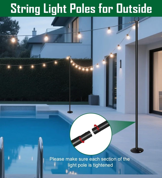 Alt view image 6 of 7 - 10ft String Light Pole for Hard Surfaces, Light Pole for Outdoor String Light, Perfect for Garden, Backyard, and Patio Lighting Stand for Parties, Wedding - Matte Black Finish - 1 Pack