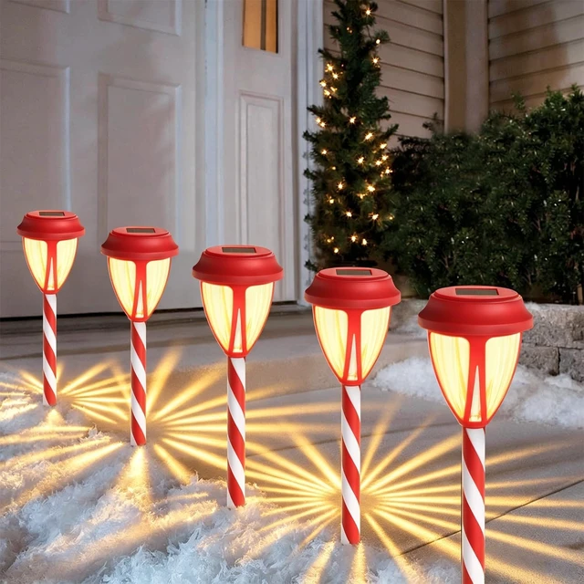 Alt view image 3 of 7 - Dynaming 10Pack Solar Christmas Garden Lights, Outdoor Solar Powered Solar Candy Cane Pathway Markers, Waterproof & Auto On/Off Xmas Decorative Lights for Patio Yard Walkway Driveway Decor, Warm White