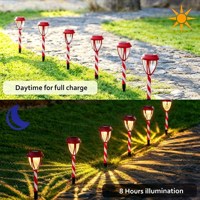 Alt view image 4 of 7 - Dynaming 10Pack Solar Christmas Garden Lights, Outdoor Solar Powered Solar Candy Cane Pathway Markers, Waterproof & Auto On/Off Xmas Decorative Lights for Patio Yard Walkway Driveway Decor, Warm White