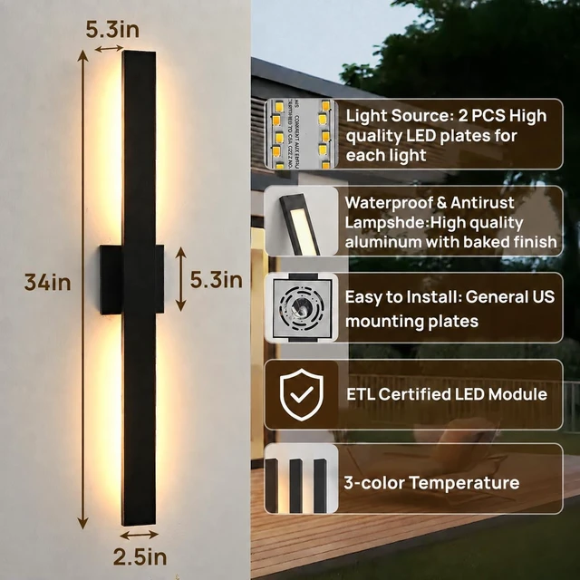 Alt view image 4 of 7 - Upgraded 2-Pack 34''H Black Long Modern LED Outdoor Wall Lights 3000K 4000K 5000K Dimmable Exterior Wall Sconce Outside Light fixtures for House Garage Front Door