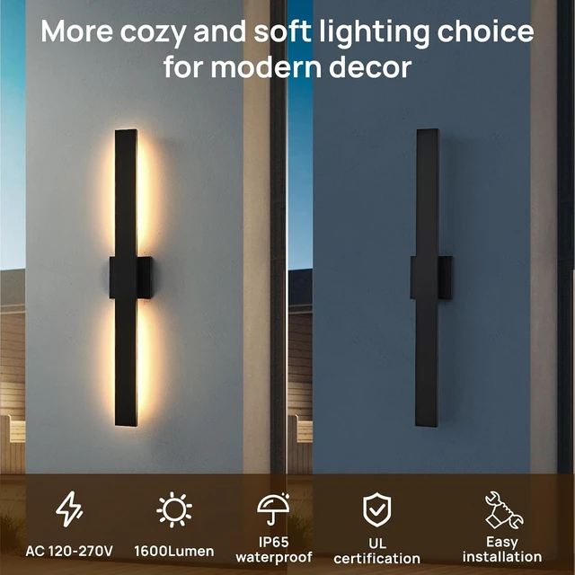 Alt view image 5 of 7 - Upgraded 2-Pack 34''H Black Long Modern LED Outdoor Wall Lights 3000K 4000K 5000K Dimmable Exterior Wall Sconce Outside Light fixtures for House Garage Front Door
