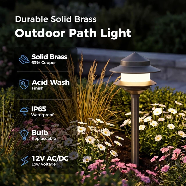 Alt view image 2 of 7 - Gardencoin Pagoda Solid Brass Low Voltage Landscape Pathway Lights, 12V LED Heavy Duty Path Lighting Outdoor Wired, Waterproof Antique Bronze Walkway Lights, 6 Pack Without G4 Bulb
