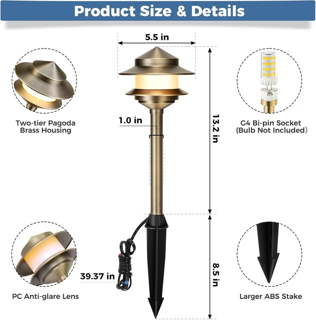 Alt view image 6 of 7 - Gardencoin Pagoda Solid Brass Low Voltage Landscape Pathway Lights, 12V LED Heavy Duty Path Lighting Outdoor Wired, Waterproof Antique Bronze Walkway Lights, 6 Pack Without G4 Bulb