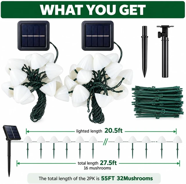 Alt view image 6 of 7 - OZS 2-PK 32LED 55FT Mushroom Solar Garden Lights Outdoor, Warm White