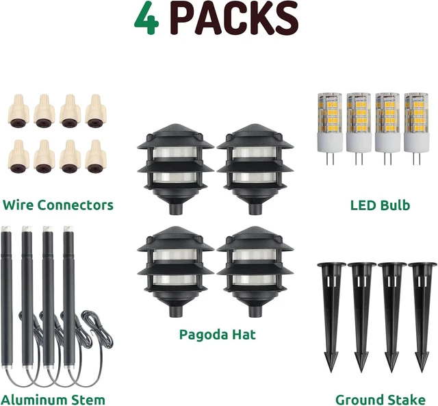 Alt view image 2 of 7 - Lumina Lighting® Low Voltage Landscape Lighting Cast-Aluminum Pagoda Path and Area Light Warm White 4W G4 LED Bulb and ABS Ground Stake Included for Yard Walkway Lawn PAL0103-BKLED4 (Black,4-Pack)