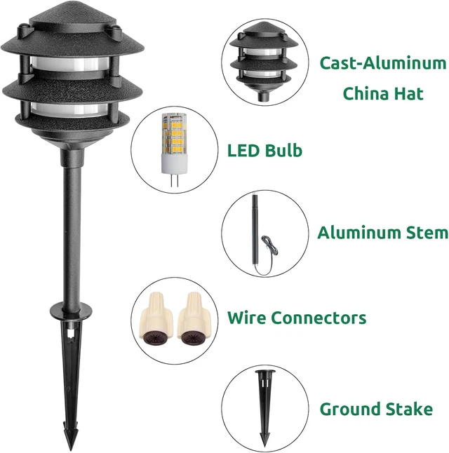 Alt view image 3 of 7 - Lumina Lighting® Low Voltage Landscape Lighting Cast-Aluminum Pagoda Path and Area Light Warm White 4W G4 LED Bulb and ABS Ground Stake Included for Yard Walkway Lawn PAL0103-BKLED4 (Black,4-Pack)