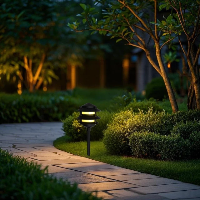 Alt view image 5 of 7 - Lumina Lighting® Low Voltage Landscape Lighting Cast-Aluminum Pagoda Path and Area Light Warm White 4W G4 LED Bulb and ABS Ground Stake Included for Yard Walkway Lawn PAL0103-BKLED4 (Black,4-Pack)