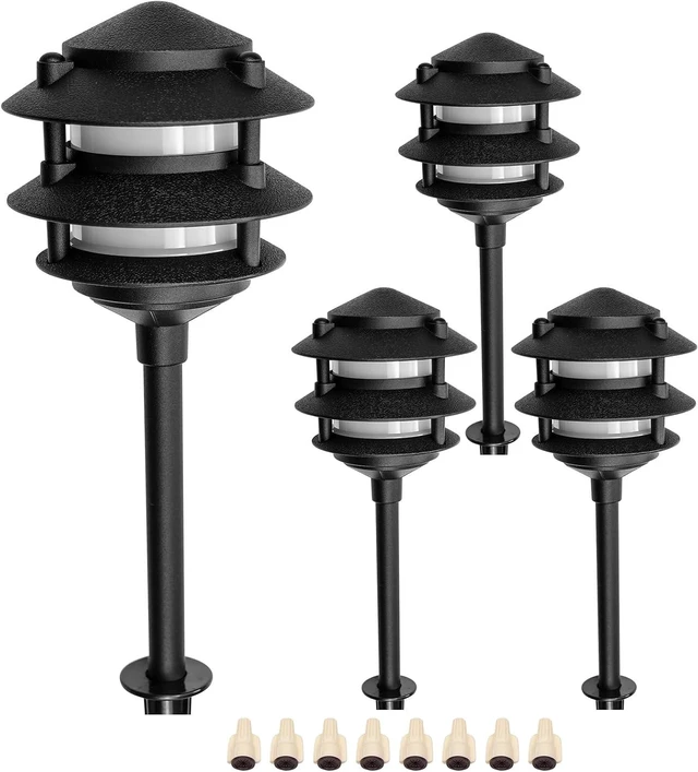 Main image of Lumina Lighting® Low Voltage Landscape Lighting Cast-Aluminum Pagoda Path and Area Light Warm White 4W G4 LED Bulb and ABS Ground Stake Included for Yard Walkway Lawn PAL0103-BKLED4 (Black,4-Pack)