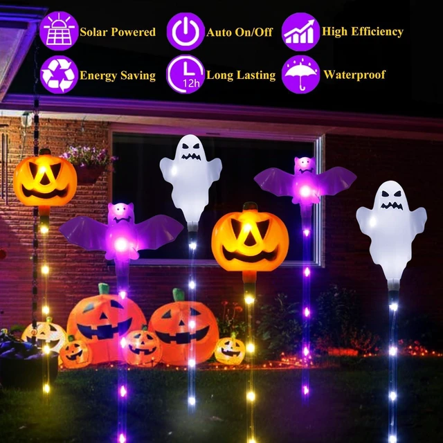 Alt view image 2 of 7 - Halloween Decorations Outdoor Solar Pumpkin Bat Ghost Garden Stake Lights, 6-Pack 8 Modes Solar Halloween Lights Waterproof for Outside Home Patio Yard Pathway Grave Lawn Porch Party Decor
