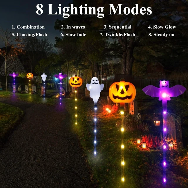 Alt view image 4 of 7 - Halloween Decorations Outdoor Solar Pumpkin Bat Ghost Garden Stake Lights, 6-Pack 8 Modes Solar Halloween Lights Waterproof for Outside Home Patio Yard Pathway Grave Lawn Porch Party Decor