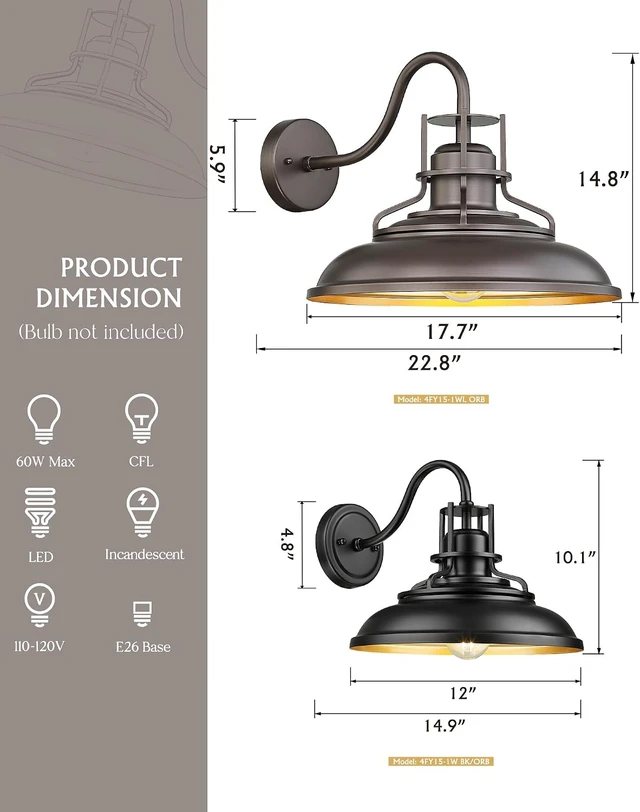 Alt view image 2 of 6 - FEMILA 12 Outdoor Barn Light Fixture, Exterior Lighting Fixtures, Black Wall Mount Porch Lights Outdoor House Lights for Front Door 4FY15-1W BK