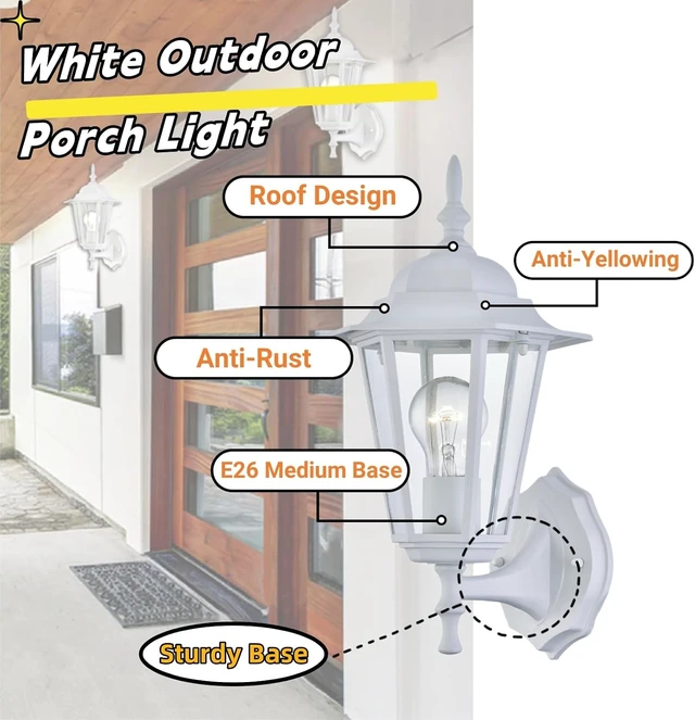 Alt view image 2 of 7 - WISBEAM White Outdoor Wall Lantern, Outdoor Wall Sconce for House Porch Lighting Fixture, E26 Base 60W Max, Metal Housing Plus Glass, Wet Location Rated, ETL Qualified, Bulbs not Included