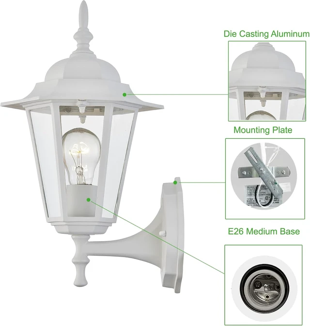 Alt view image 5 of 7 - WISBEAM White Outdoor Wall Lantern, Outdoor Wall Sconce for House Porch Lighting Fixture, E26 Base 60W Max, Metal Housing Plus Glass, Wet Location Rated, ETL Qualified, Bulbs not Included