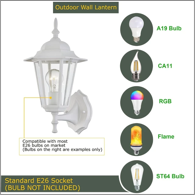 Alt view image 4 of 7 - WISBEAM White Outdoor Wall Lantern, Outdoor Wall Sconce for House Porch Lighting Fixture, E26 Base 60W Max, Metal Housing Plus Glass, Wet Location Rated, ETL Qualified, Bulbs not Included