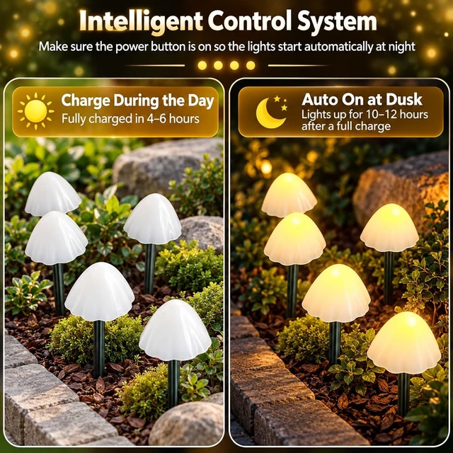 Alt view image 4 of 7 - OZS 2-PK 32LED 55FT Mushroom Solar Garden Lights Outdoor, Warm White