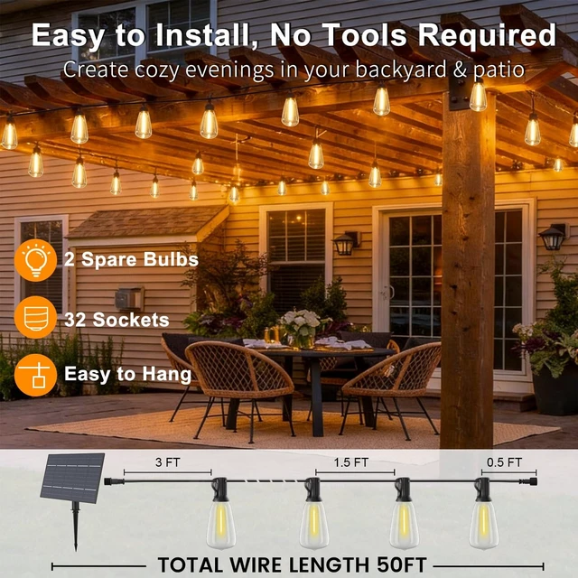 Alt view image 3 of 7 - 50FT Solar String Lights, Dimmable Remote, Outdoor Waterproof