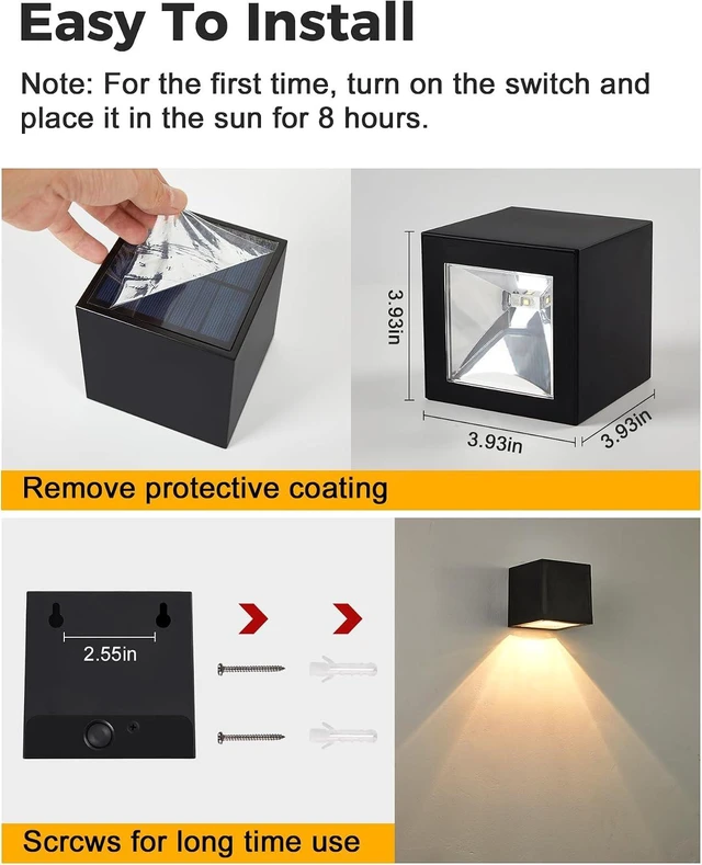 Alt view image 7 of 7 - LUHLEE Solar Wall Lights Outdoor,Square Modern Solar Wall Sconce IP65 Waterproof Down Lighting Outdoor Lights for House,Porch,Garden,Yard, Patio,Fence Decor