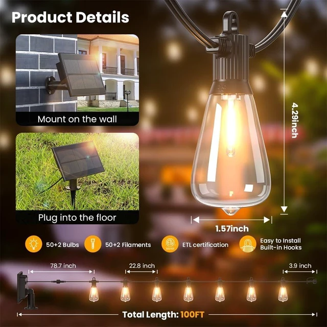 Alt view image 2 of 7 - FOOMAN 100FT Solar String Lights Outdoor Waterproof IP65 with USB-Charging