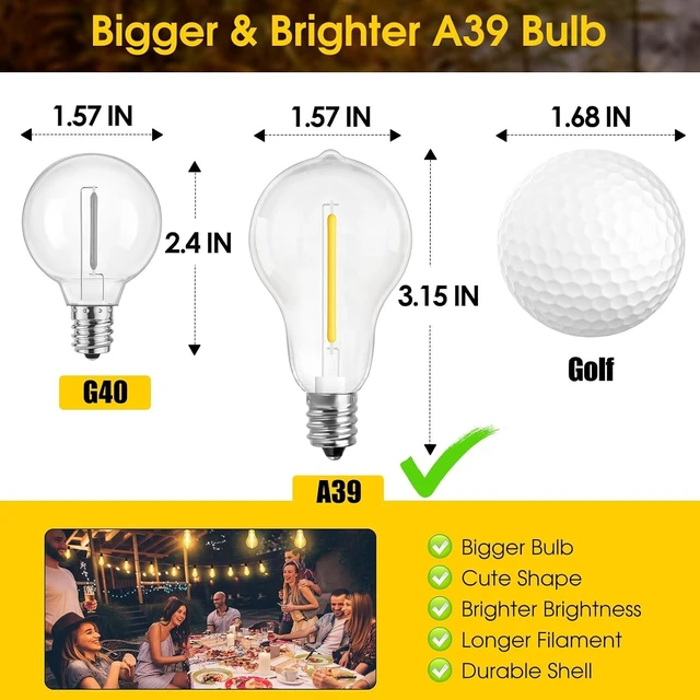 Alt view image 3 of 7 - Larkvue 100FT Outdoor String Lights, Patio Light with 32 A39 Bulbs, Black