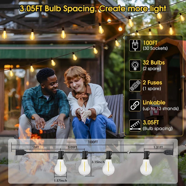 Alt view image 6 of 7 - Larkvue 100FT Outdoor String Lights, Patio Light with 32 A39 Bulbs, Black