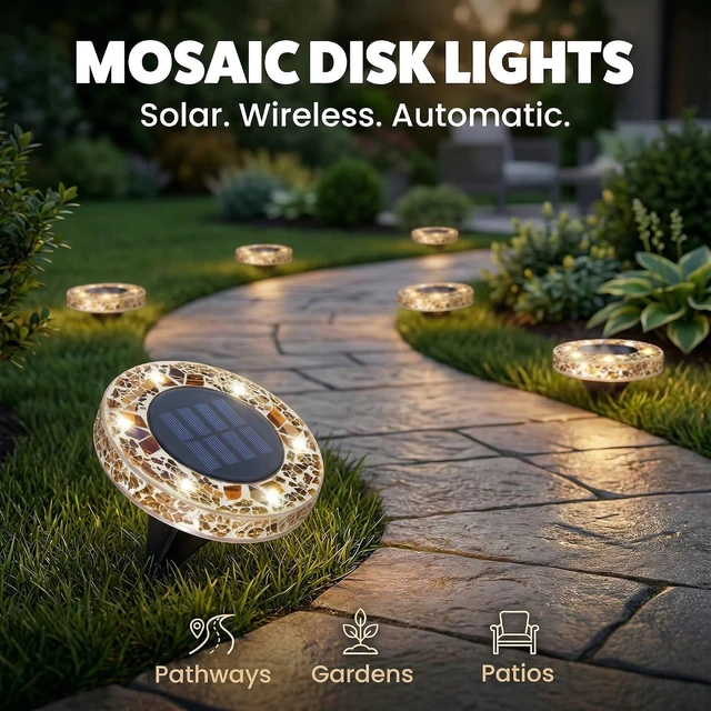 Alt view image 2 of 7 - Bell+Howell 4 Pk Mosaic Solar Lights Outdoor LED Disk Pathway Lights, Taupe