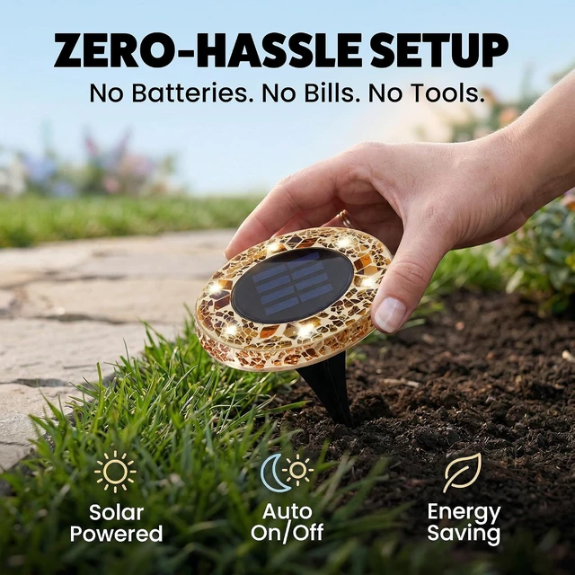 Alt view image 3 of 7 - Bell+Howell 4 Pk Mosaic Solar Lights Outdoor LED Disk Pathway Lights, Taupe