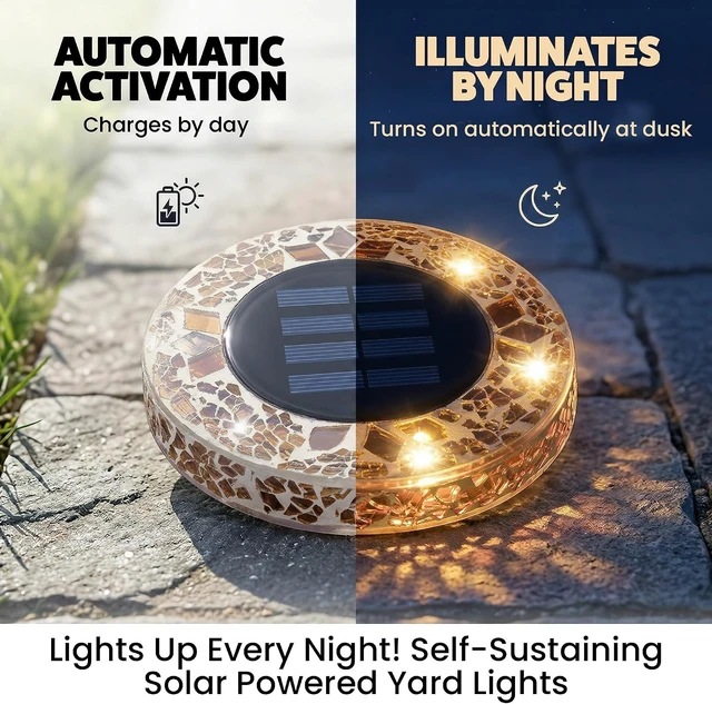 Alt view image 5 of 7 - Bell+Howell 4 Pk Mosaic Solar Lights Outdoor LED Disk Pathway Lights, Taupe