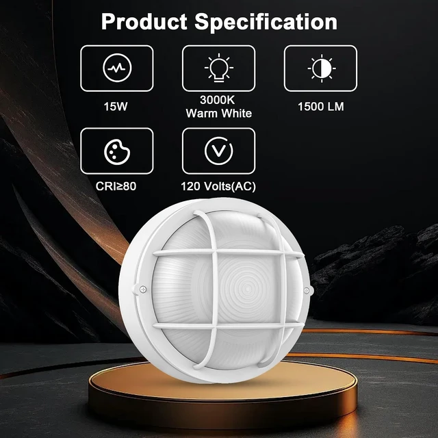 Alt view image 2 of 7 - 8 Bulkhead LED Light White Round,Nautical Outdoor Lights 8" LED Sauna Light Fxiture Outdoor White Round Nautical Bulkhead Lights 3000K,1500 Lumen,15W