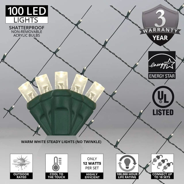 Alt view image 3 of 7 - Wintergreen Lighting Set of 100 Warm White LED Net Lights - Christmas Outdoor Decorations, Green Wire (4 x 6 ft, 5mm Lights)