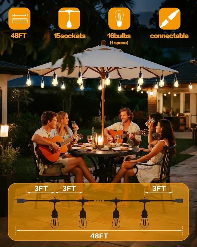 Alt view image 4 of 7 - 48FT Outdoor String Lights, 2W S14 LED High Bright Waterproof UL