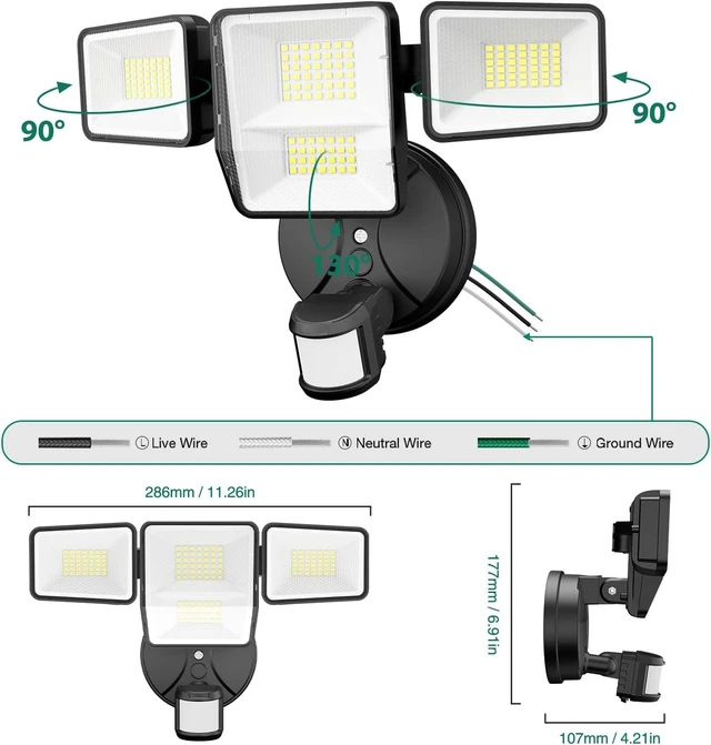 Alt view image 3 of 7 - 70W 7000LM Security Lights Outdoor, 4-Head LED Motion Sensor Light, Hardwired Dusk to Dawn Flood Light, 6500K Daylight, IP65 Waterproof, 3 Modes for Yard Garage Porch (1)