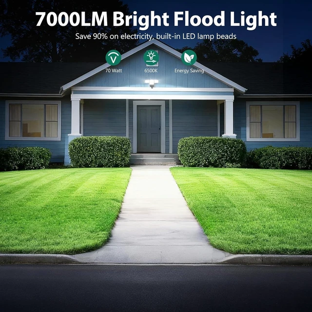 Alt view image 5 of 7 - 70W 7000LM Security Lights Outdoor, 4-Head LED Motion Sensor Light, Hardwired Dusk to Dawn Flood Light, 6500K Daylight, IP65 Waterproof, 3 Modes for Yard Garage Porch (1)