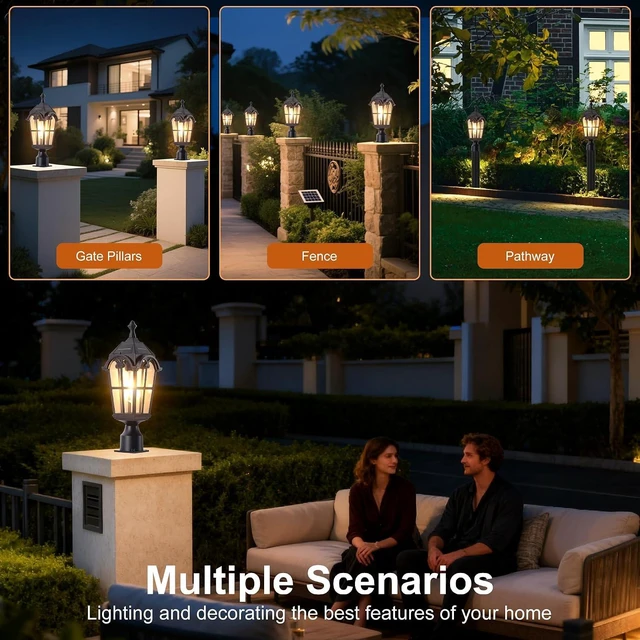 Alt view image 6 of 7 - Solar Post Lights Outdoor with Bulb Dusk to Dawn Lamp Posts Outdoor Lighting Waterproof Solar Post Lamp Anti-Rust Exterior Pole Light Outside Pole Lighting for Yard Pathway Driveway Fence