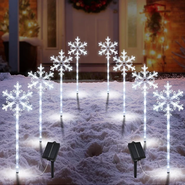 Main image of Christmas Solar Pathway Lights, White Snowflake, 8 Pack